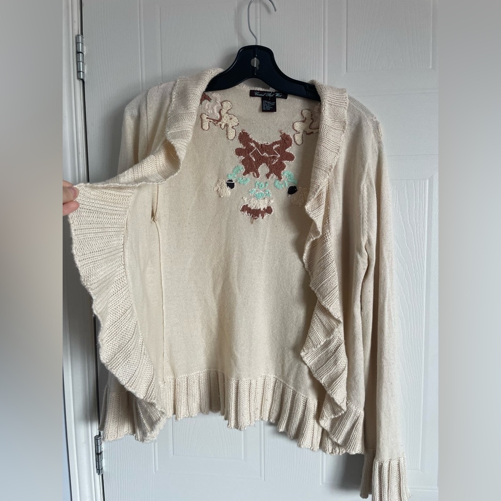 Cream Silk Cashmere Cardigan Embroidered Size L Romantic Classic Style - Picture 5 of 11